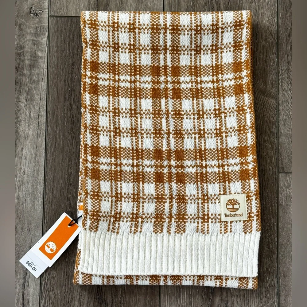 NWT Timberland Tan Buffalo Plaid Scarf 64x10 Adult Size Brown Check Winter Warm